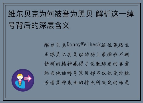 维尔贝克为何被誉为黑贝 解析这一绰号背后的深层含义